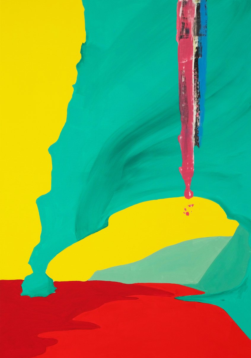 Abstract painting in flat blocks of yellow, green and red, with a vertical magenta, blue and black stripe descending from the top edge and ending in a drip, acrylic on canvas