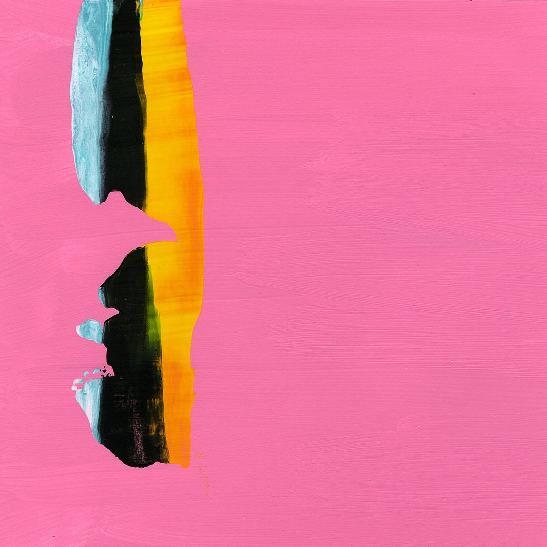 Abstract painting on a flat pink ground, with a narrow vertical band of turquoise, black and orange along the left edge, its outer contour irregular and broken