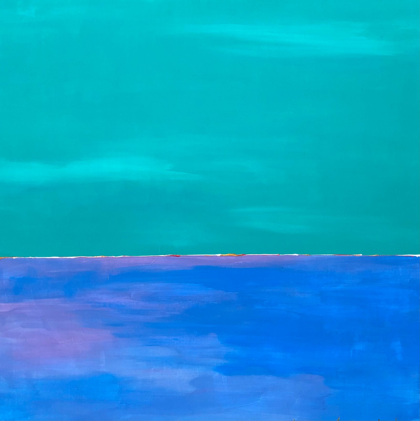 Silence, abstract seascape in turquoise and deep blue, acrylic on wood, a bright white horizon line low in the frame with touches of violet and ochre