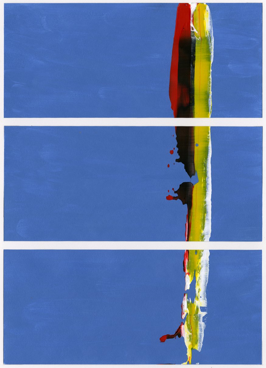 Abstract painting in flat blue, divided into three horizontal bands separated by narrow gaps, with a vertical strip of red, black, yellow and white running down the right side and continuing across all three