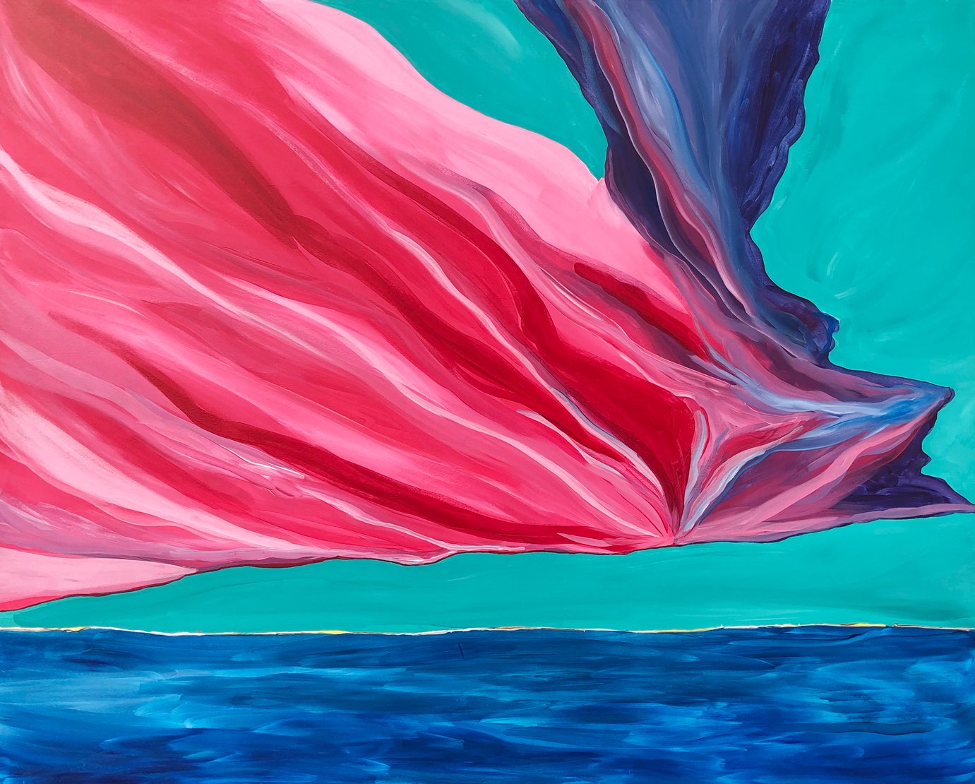 Large abstract seascape in acrylic on wood: a sweeping pink and crimson cloud across a turquoise sky, a deep blue and violet form entering from the right, a band of dark blue sea below a low horizon