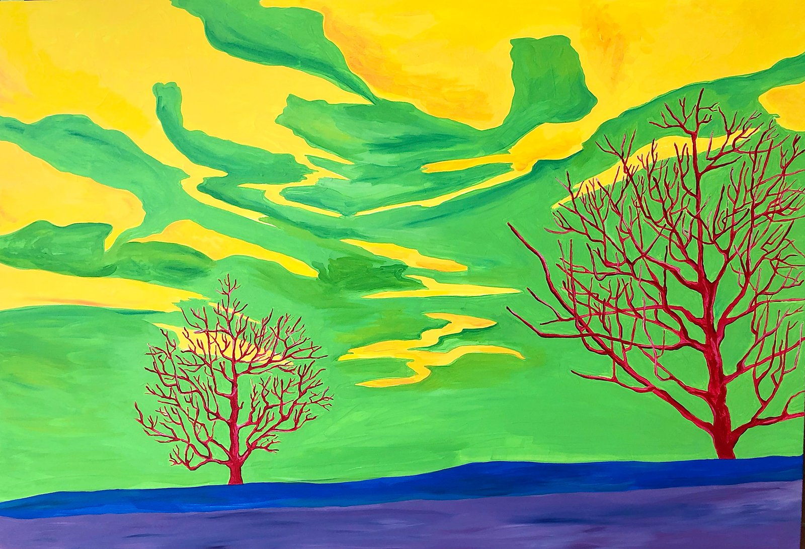 Bright landscape in yellow and green with two bare crimson trees and a blue and purple band along the bottom, acrylic on wood