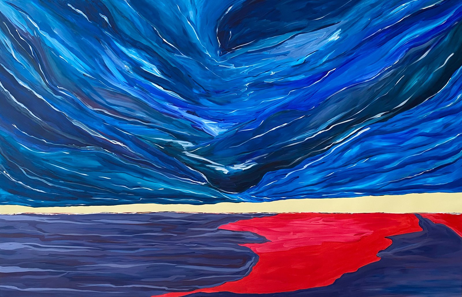 Large abstract storm sky in deep blue and cobalt filling the upper two thirds of the sheet, a pale yellow horizon band, and a foreground of violet and red, acrylic on Canson paper